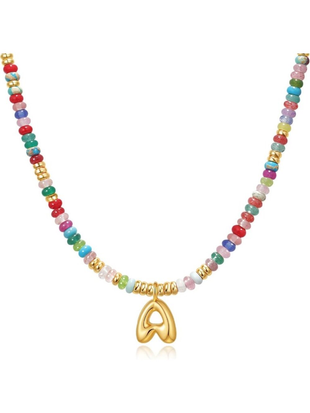 Colorful Beaded Initial Letter Choker Necklace | 14K Gold Plated Gemstone